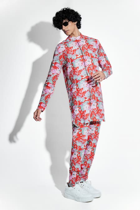 Buy MR. Ajay Kumar Red Linen Print Lotus Kurta With Pant Online at Aza Fashions Buy_MR. Ajay Kumar_Red Linen Print Lotus Kurta With Pant _Online_at_Aza_Fashions