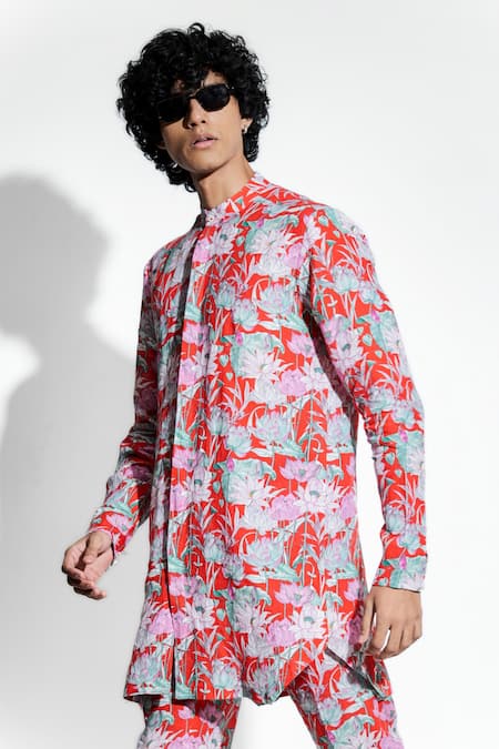 Shop MR. Ajay Kumar Red Linen Print Lotus Kurta With Pant Online at Aza Fashions Shop_MR. Ajay Kumar_Red Linen Print Lotus Kurta With Pant _Online_at_Aza_Fashions