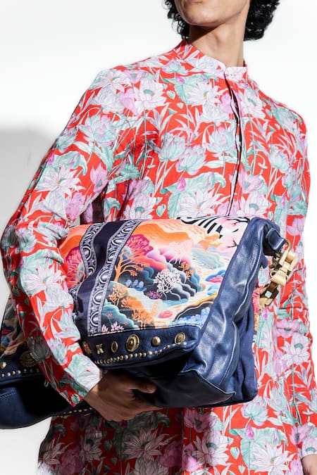 MR. Ajay Kumar Red Linen Print Lotus Kurta With Pant at Aza Fashions MR. Ajay Kumar_Red Linen Print Lotus Kurta With Pant _at_Aza_Fashions