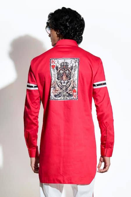 Shop_MR. Ajay Kumar_Red 100% Luxe Cotton Print Tiger Patch Shirt _at_Aza_Fashions