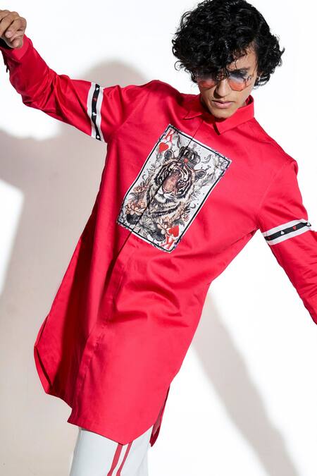 MR. Ajay Kumar_Red 100% Luxe Cotton Print Tiger Patch Shirt _Online_at_Aza_Fashions