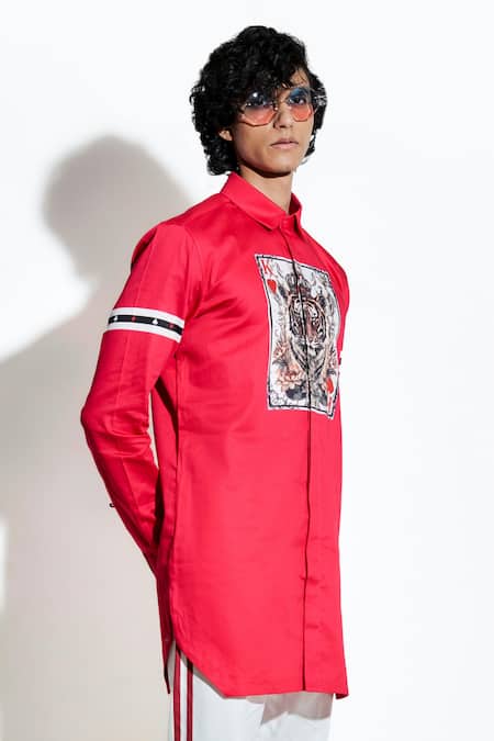 Buy_MR. Ajay Kumar_Red 100% Luxe Cotton Print Tiger Patch Shirt _Online_at_Aza_Fashions