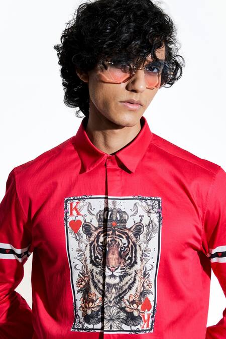 Shop_MR. Ajay Kumar_Red 100% Luxe Cotton Print Tiger Patch Shirt _Online_at_Aza_Fashions