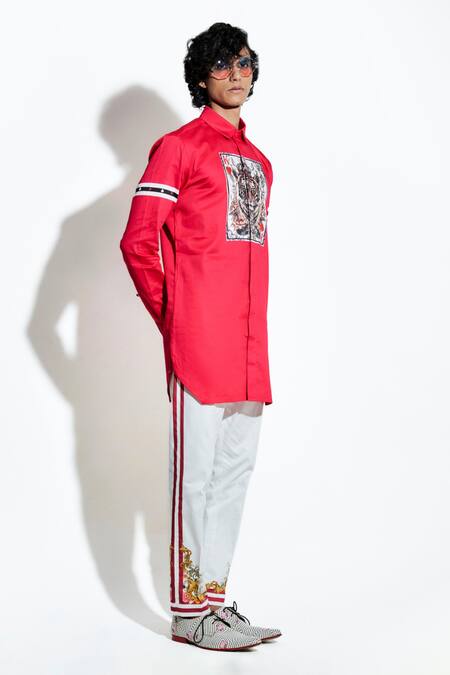 MR. Ajay Kumar_Red 100% Luxe Cotton Print Tiger Patch Shirt _at_Aza_Fashions