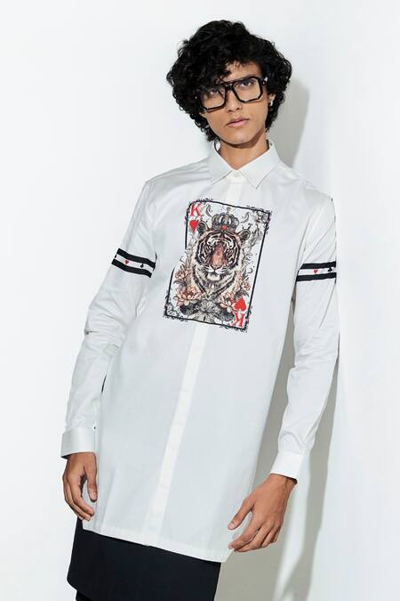 MR. Ajay Kumar White 100% Luxe Cotton Print Tiger Patch Full Sleeve Shirt Online at Aza Fashions MR. Ajay Kumar_White 100% Luxe Cotton Print Tiger Patch Full Sleeve Shirt _Online_at_Aza_Fashions