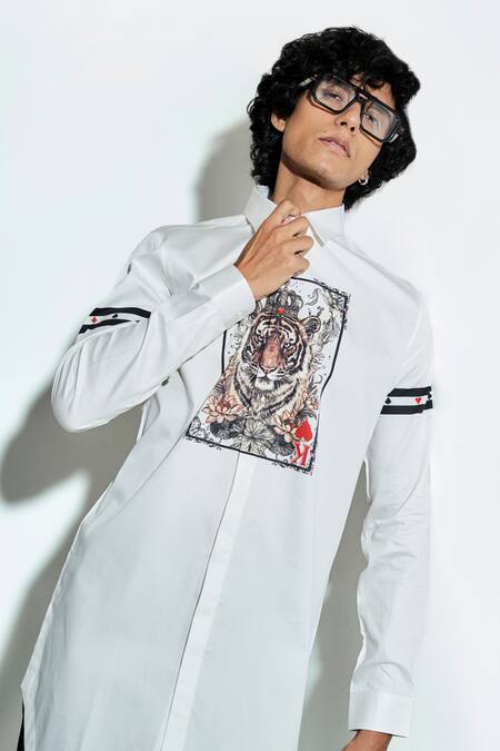 Shop MR. Ajay Kumar White 100% Luxe Cotton Print Tiger Patch Full Sleeve Shirt Online at Aza Fashions Shop_MR. Ajay Kumar_White 100% Luxe Cotton Print Tiger Patch Full Sleeve Shirt _Online_at_Aza_Fashions
