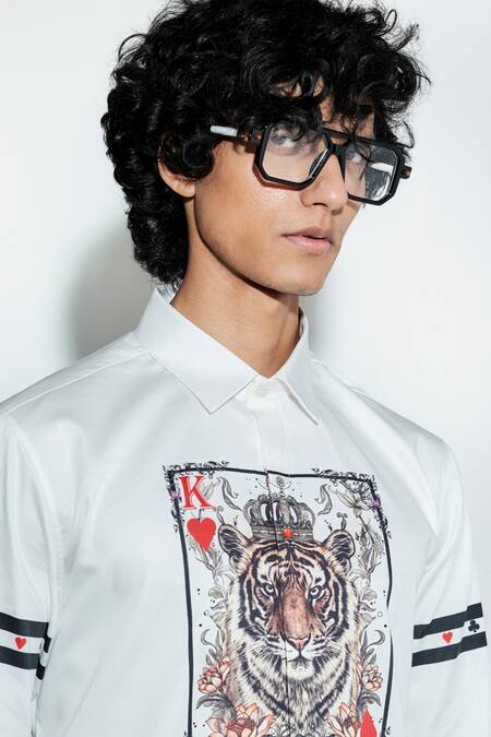 MR. Ajay Kumar White 100% Luxe Cotton Print Tiger Patch Full Sleeve Shirt at Aza Fashions MR. Ajay Kumar_White 100% Luxe Cotton Print Tiger Patch Full Sleeve Shirt _at_Aza_Fashions