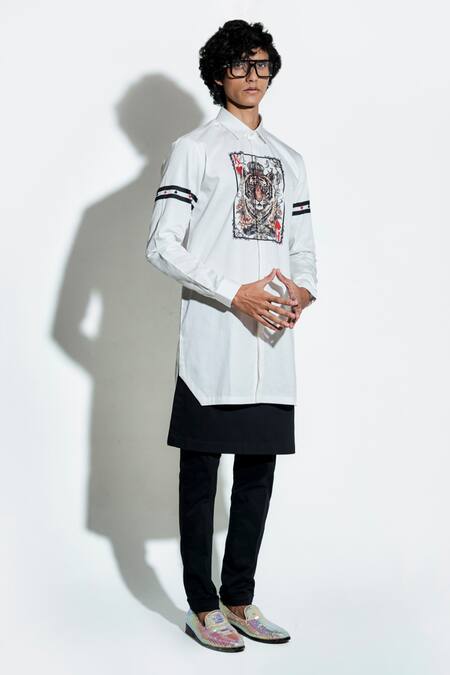 Buy MR. Ajay Kumar White 100% Luxe Cotton Print Tiger Patch Full Sleeve Shirt Buy_MR. Ajay Kumar_White 100% Luxe Cotton Print Tiger Patch Full Sleeve Shirt