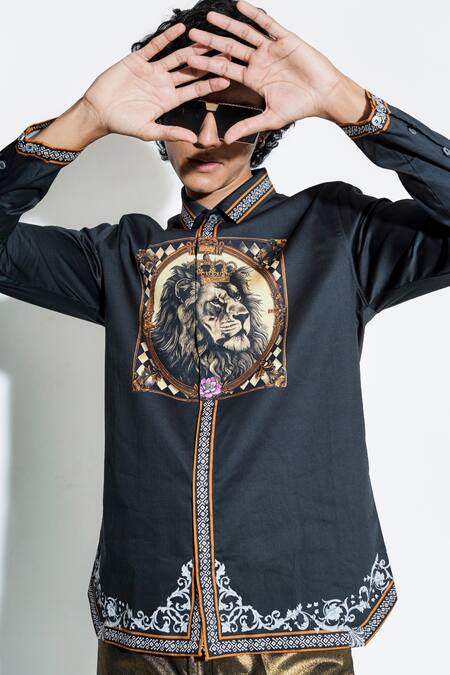 MR. Ajay Kumar Black 100% Luxe Cotton Printed Lion Taash Shirt Online at Aza Fashions MR. Ajay Kumar_Black 100% Luxe Cotton Printed Lion Taash Shirt _Online_at_Aza_Fashions