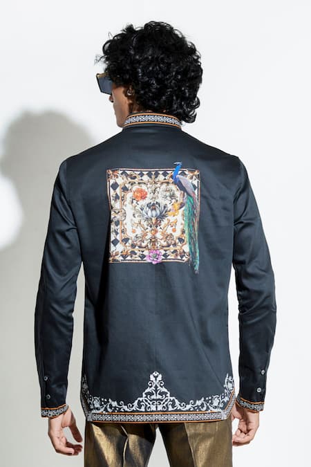 Buy MR. Ajay Kumar Black 100% Luxe Cotton Printed Lion Taash Shirt Online at Aza Fashions Buy_MR. Ajay Kumar_Black 100% Luxe Cotton Printed Lion Taash Shirt _Online_at_Aza_Fashions