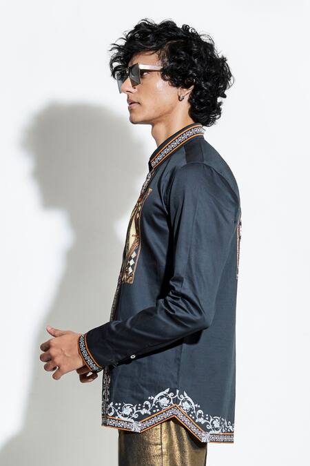 Shop MR. Ajay Kumar Black 100% Luxe Cotton Printed Lion Taash Shirt Online at Aza Fashions Shop_MR. Ajay Kumar_Black 100% Luxe Cotton Printed Lion Taash Shirt _Online_at_Aza_Fashions