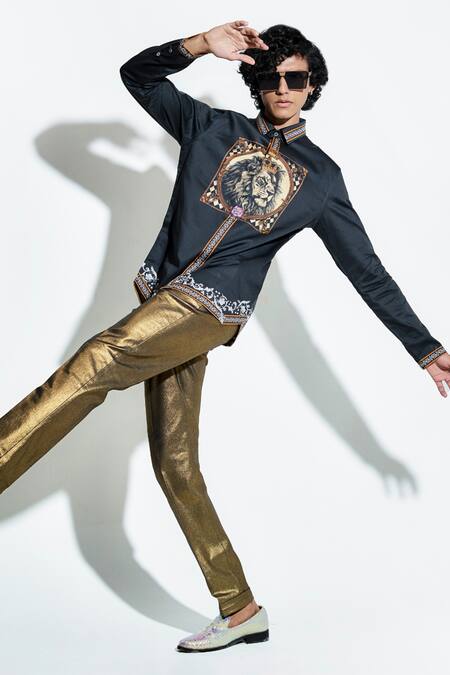 MR. Ajay Kumar Black 100% Luxe Cotton Printed Lion Taash Shirt at Aza Fashions MR. Ajay Kumar_Black 100% Luxe Cotton Printed Lion Taash Shirt _at_Aza_Fashions