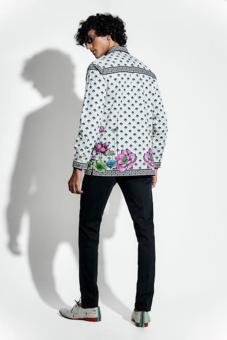 Shop MR. Ajay Kumar White 100% Luxe Cotton Printed Lotus Nelumbo Shirt at Aza Fashions Shop_MR. Ajay Kumar_White 100% Luxe Cotton Printed Lotus Nelumbo Shirt _at_Aza_Fashions