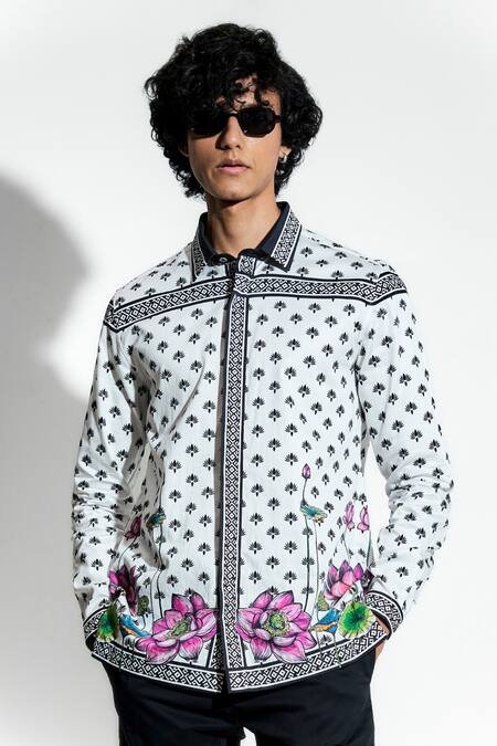MR. Ajay Kumar White 100% Luxe Cotton Printed Lotus Nelumbo Shirt Online at Aza Fashions MR. Ajay Kumar_White 100% Luxe Cotton Printed Lotus Nelumbo Shirt _Online_at_Aza_Fashions