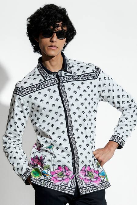 Buy MR. Ajay Kumar White 100% Luxe Cotton Printed Lotus Nelumbo Shirt Online at Aza Fashions Buy_MR. Ajay Kumar_White 100% Luxe Cotton Printed Lotus Nelumbo Shirt _Online_at_Aza_Fashions