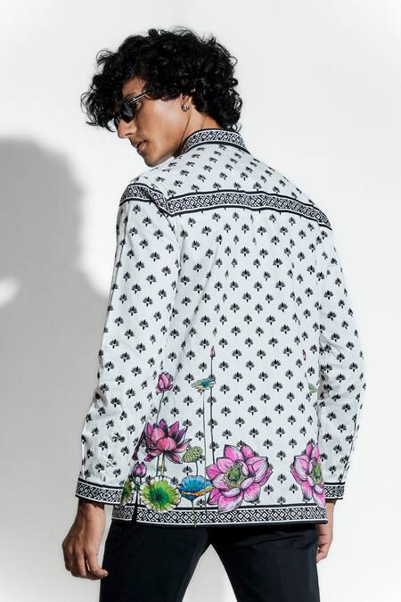 Shop MR. Ajay Kumar White 100% Luxe Cotton Printed Lotus Nelumbo Shirt Online at Aza Fashions Shop_MR. Ajay Kumar_White 100% Luxe Cotton Printed Lotus Nelumbo Shirt _Online_at_Aza_Fashions