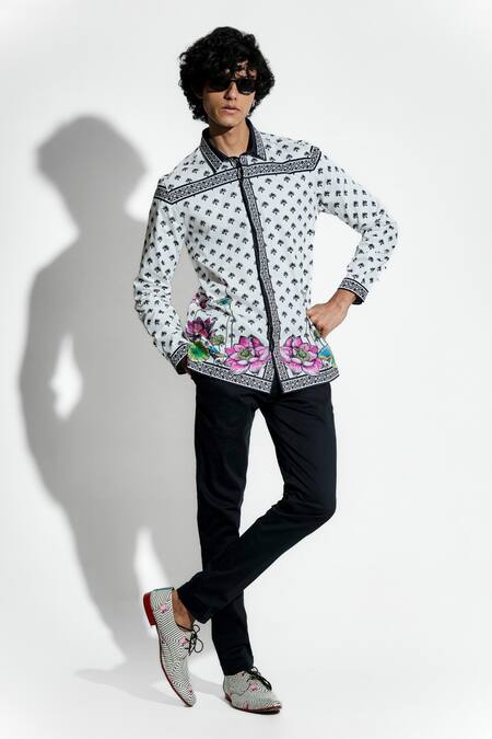 MR. Ajay Kumar White 100% Luxe Cotton Printed Lotus Nelumbo Shirt at Aza Fashions MR. Ajay Kumar_White 100% Luxe Cotton Printed Lotus Nelumbo Shirt _at_Aza_Fashions