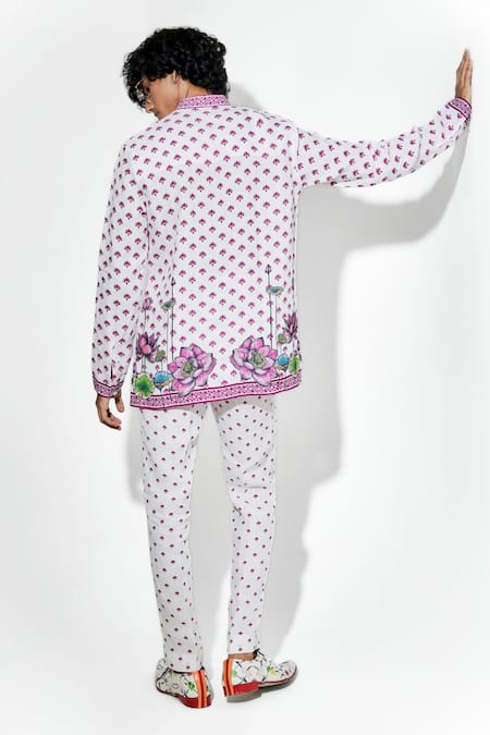 Shop MR. Ajay Kumar White 100% European Linen Printed Lotus Nelumbo Shirt at Aza Fashions Shop_MR. Ajay Kumar_White 100% European Linen Printed Lotus Nelumbo Shirt _at_Aza_Fashions