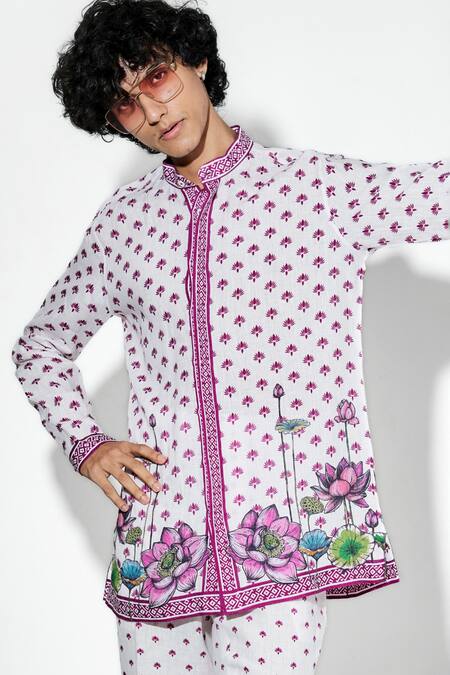 MR. Ajay Kumar White 100% European Linen Printed Lotus Nelumbo Shirt Online at Aza Fashions MR. Ajay Kumar_White 100% European Linen Printed Lotus Nelumbo Shirt _Online_at_Aza_Fashions