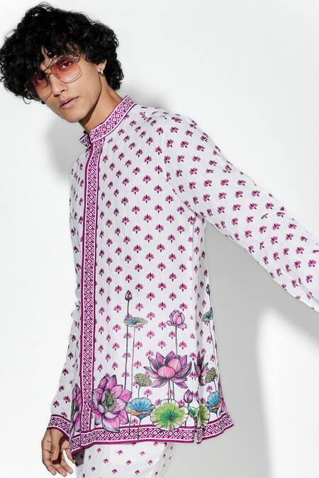 Buy MR. Ajay Kumar White 100% European Linen Printed Lotus Nelumbo Shirt Online at Aza Fashions Buy_MR. Ajay Kumar_White 100% European Linen Printed Lotus Nelumbo Shirt _Online_at_Aza_Fashions