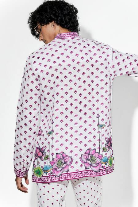 Shop MR. Ajay Kumar White 100% European Linen Printed Lotus Nelumbo Shirt Online at Aza Fashions Shop_MR. Ajay Kumar_White 100% European Linen Printed Lotus Nelumbo Shirt _Online_at_Aza_Fashions