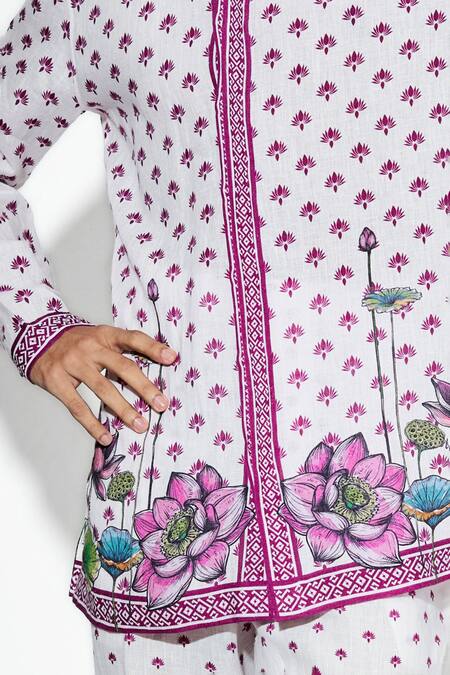 MR. Ajay Kumar White 100% European Linen Printed Lotus Nelumbo Shirt at Aza Fashions MR. Ajay Kumar_White 100% European Linen Printed Lotus Nelumbo Shirt _at_Aza_Fashions