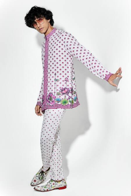 Buy MR. Ajay Kumar White 100% European Linen Printed Lotus Nelumbo Shirt Buy_MR. Ajay Kumar_White 100% European Linen Printed Lotus Nelumbo Shirt