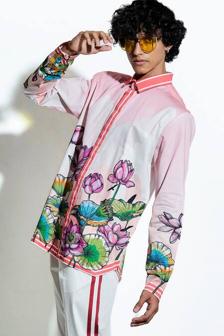 MR. Ajay Kumar_Peach 100% Luxe Cotton Printed Lotus Blume Shirt _Online_at_Aza_Fashions