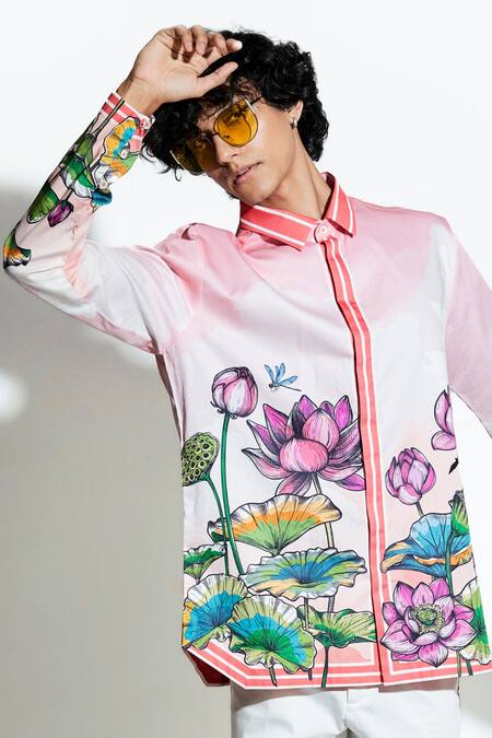 Buy_MR. Ajay Kumar_Peach 100% Luxe Cotton Printed Lotus Blume Shirt _Online_at_Aza_Fashions