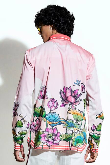 Shop_MR. Ajay Kumar_Peach 100% Luxe Cotton Printed Lotus Blume Shirt _Online_at_Aza_Fashions