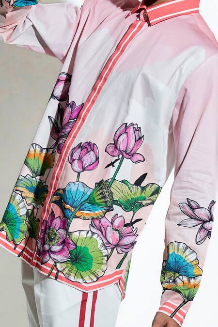 MR. Ajay Kumar_Peach 100% Luxe Cotton Printed Lotus Blume Shirt _at_Aza_Fashions