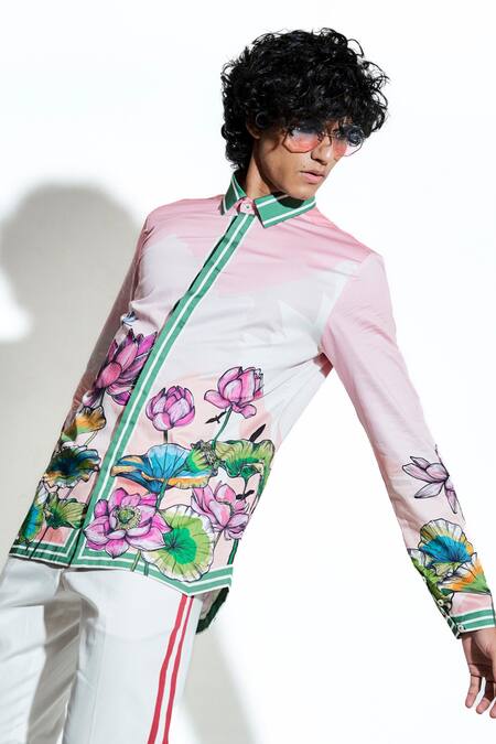 MR. Ajay Kumar_Peach 100% Luxe Cotton Printed Lotus Blume Collared Shirt _Online_at_Aza_Fashions