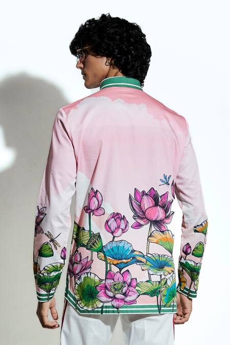 Buy_MR. Ajay Kumar_Peach 100% Luxe Cotton Printed Lotus Blume Collared Shirt _Online_at_Aza_Fashions