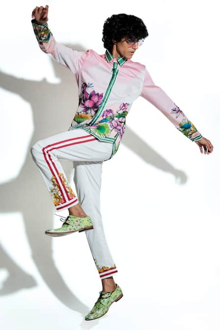 Shop_MR. Ajay Kumar_Peach 100% Luxe Cotton Printed Lotus Blume Collared Shirt _Online_at_Aza_Fashions