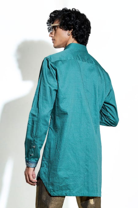 Shop MR. Ajay Kumar Green Silk Satin Printed Lotus El Shirt at Aza Fashions Shop_MR. Ajay Kumar_Green Silk Satin Printed Lotus El Shirt _at_Aza_Fashions