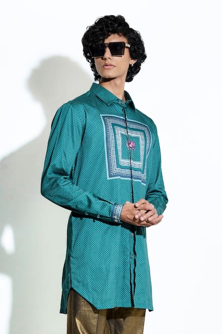 MR. Ajay Kumar Green Silk Satin Printed Lotus El Shirt Online at Aza Fashions MR. Ajay Kumar_Green Silk Satin Printed Lotus El Shirt _Online_at_Aza_Fashions