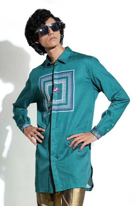 Buy MR. Ajay Kumar Green Silk Satin Printed Lotus El Shirt Online at Aza Fashions Buy_MR. Ajay Kumar_Green Silk Satin Printed Lotus El Shirt _Online_at_Aza_Fashions