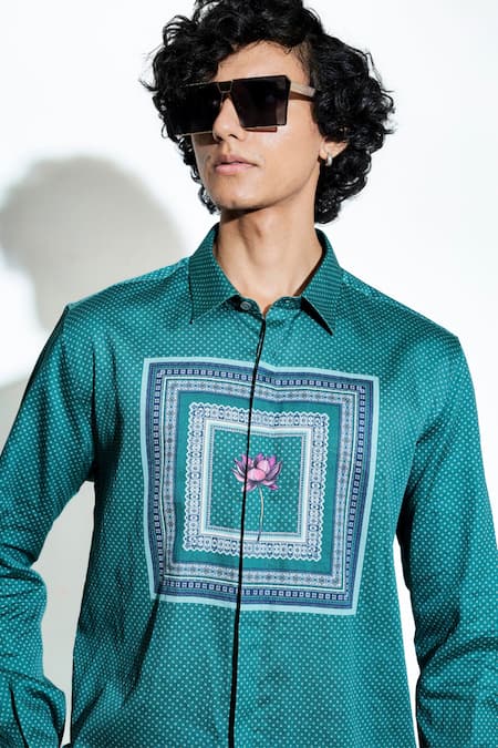 Shop MR. Ajay Kumar Green Silk Satin Printed Lotus El Shirt Online at Aza Fashions Shop_MR. Ajay Kumar_Green Silk Satin Printed Lotus El Shirt _Online_at_Aza_Fashions