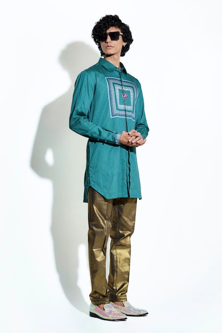 MR. Ajay Kumar Green Silk Satin Printed Lotus El Shirt at Aza Fashions MR. Ajay Kumar_Green Silk Satin Printed Lotus El Shirt _at_Aza_Fashions