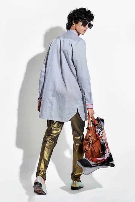 Shop MR. Ajay Kumar Blue Silk Satin Printed Lotus Geometric Shirt at Aza Fashions Shop_MR. Ajay Kumar_Blue Silk Satin Printed Lotus Geometric Shirt _at_Aza_Fashions