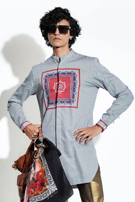 MR. Ajay Kumar Blue Silk Satin Printed Lotus Geometric Shirt Online at Aza Fashions MR. Ajay Kumar_Blue Silk Satin Printed Lotus Geometric Shirt _Online_at_Aza_Fashions