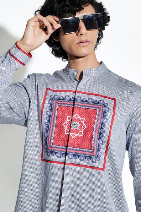 Shop MR. Ajay Kumar Blue Silk Satin Printed Lotus Geometric Shirt Online at Aza Fashions Shop_MR. Ajay Kumar_Blue Silk Satin Printed Lotus Geometric Shirt _Online_at_Aza_Fashions