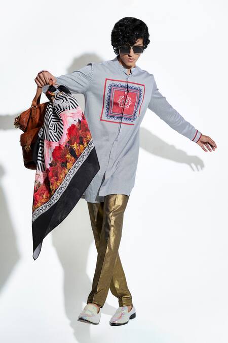 MR. Ajay Kumar Blue Silk Satin Printed Lotus Geometric Shirt at Aza Fashions MR. Ajay Kumar_Blue Silk Satin Printed Lotus Geometric Shirt _at_Aza_Fashions