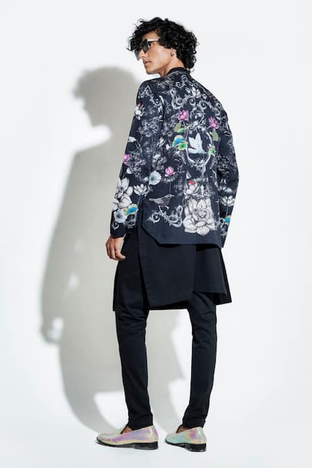 Shop MR. Ajay Kumar Black 100% Luxe Cotton Printed Lotus Bloom Shirt at Aza Fashions Shop_MR. Ajay Kumar_Black 100% Luxe Cotton Printed Lotus Bloom Shirt _at_Aza_Fashions