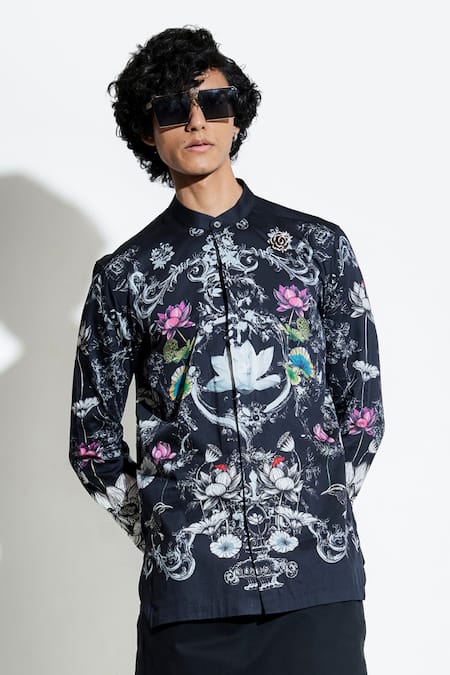 MR. Ajay Kumar Black 100% Luxe Cotton Printed Lotus Bloom Shirt Online at Aza Fashions MR. Ajay Kumar_Black 100% Luxe Cotton Printed Lotus Bloom Shirt _Online_at_Aza_Fashions