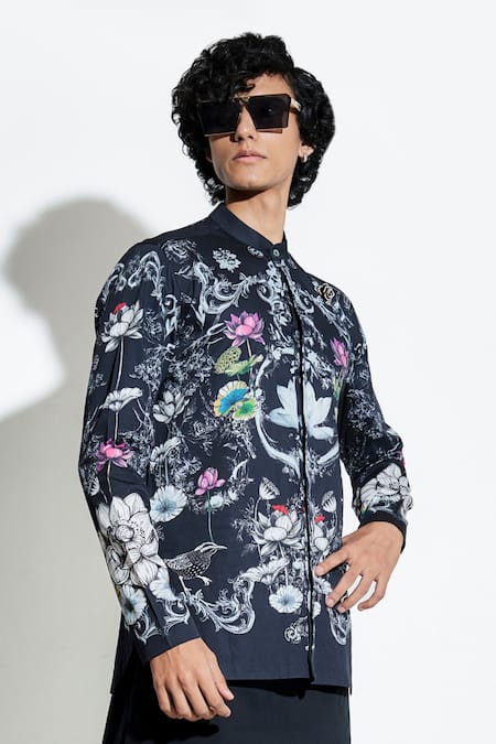 Buy MR. Ajay Kumar Black 100% Luxe Cotton Printed Lotus Bloom Shirt Online at Aza Fashions Buy_MR. Ajay Kumar_Black 100% Luxe Cotton Printed Lotus Bloom Shirt _Online_at_Aza_Fashions