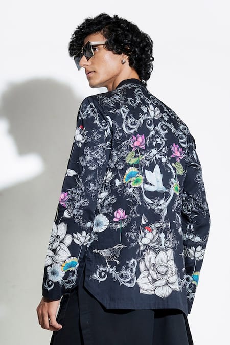 Shop MR. Ajay Kumar Black 100% Luxe Cotton Printed Lotus Bloom Shirt Online at Aza Fashions Shop_MR. Ajay Kumar_Black 100% Luxe Cotton Printed Lotus Bloom Shirt _Online_at_Aza_Fashions