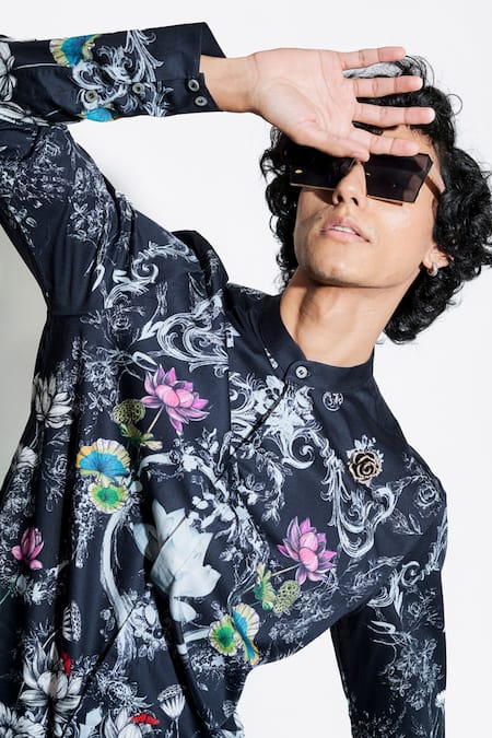 MR. Ajay Kumar Black 100% Luxe Cotton Printed Lotus Bloom Shirt at Aza Fashions MR. Ajay Kumar_Black 100% Luxe Cotton Printed Lotus Bloom Shirt _at_Aza_Fashions