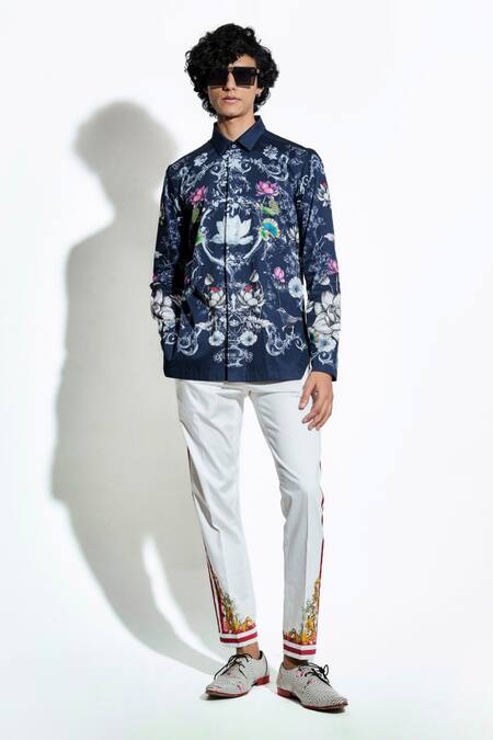 MR. Ajay Kumar Blue 100% Luxe Cotton Printed Lotus Bloom Shirt Online at Aza Fashions MR. Ajay Kumar_Blue 100% Luxe Cotton Printed Lotus Bloom Shirt _Online_at_Aza_Fashions