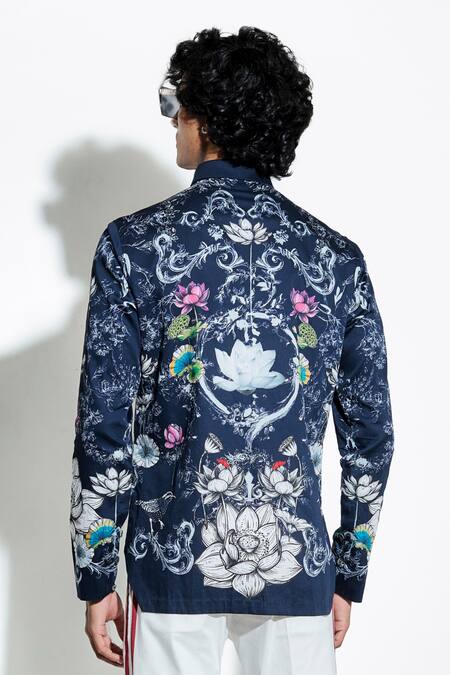 Buy MR. Ajay Kumar Blue 100% Luxe Cotton Printed Lotus Bloom Shirt Online at Aza Fashions Buy_MR. Ajay Kumar_Blue 100% Luxe Cotton Printed Lotus Bloom Shirt _Online_at_Aza_Fashions